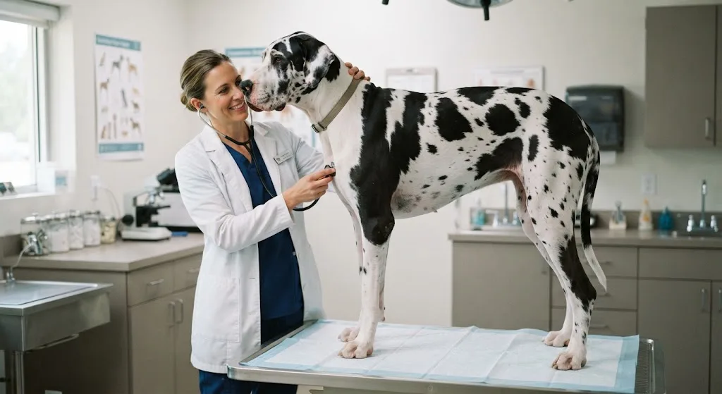 یک سگ گریت دین در حال ویزیت شدن توسط دامپزشک